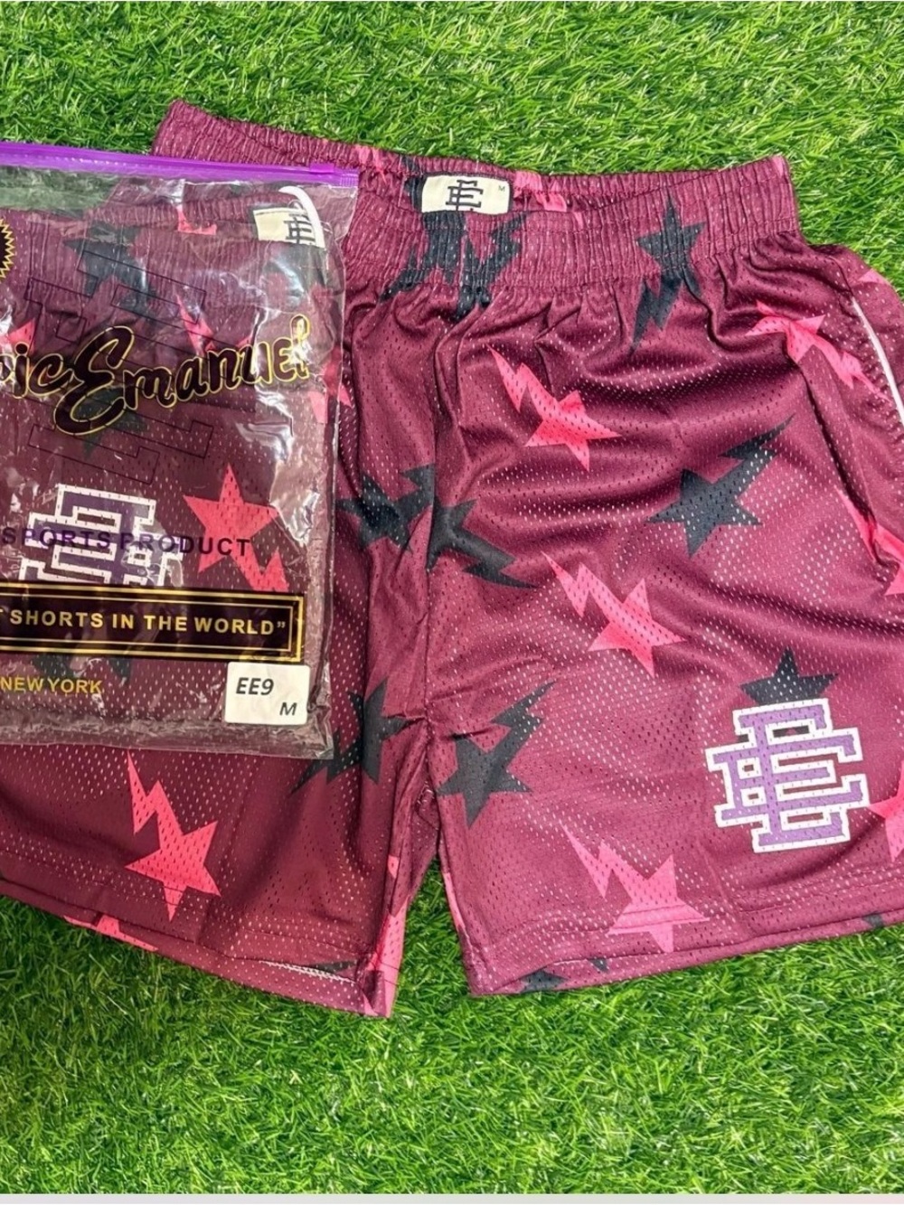Eric Emanuel Maroon Star & Lightning Mesh Athletic Shorts